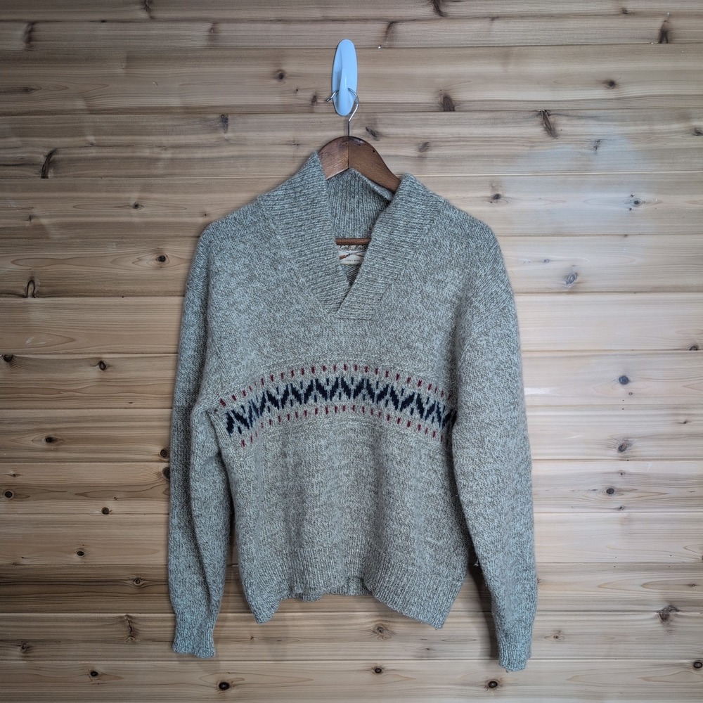 Vintage Cabelas Mens L Shawl Collar Fair Isle Wool Blend Sweater Oatmeal Marl